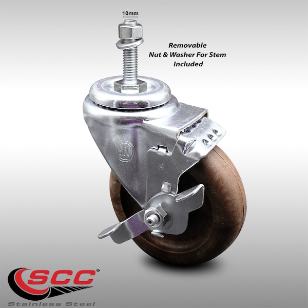 Service Caster 4 Inch SS High Temp Glass Filled Nylon 10mm Threaded Stem Caster with Brake SCC-SSTS20S414-GFNSHT-TLB-M1015 - main
